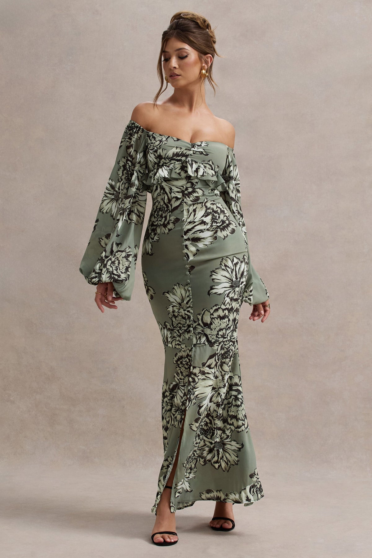 Murcia | Robe longue  à manches bouffantes en chiffon imprimé floral olive avec boutons
