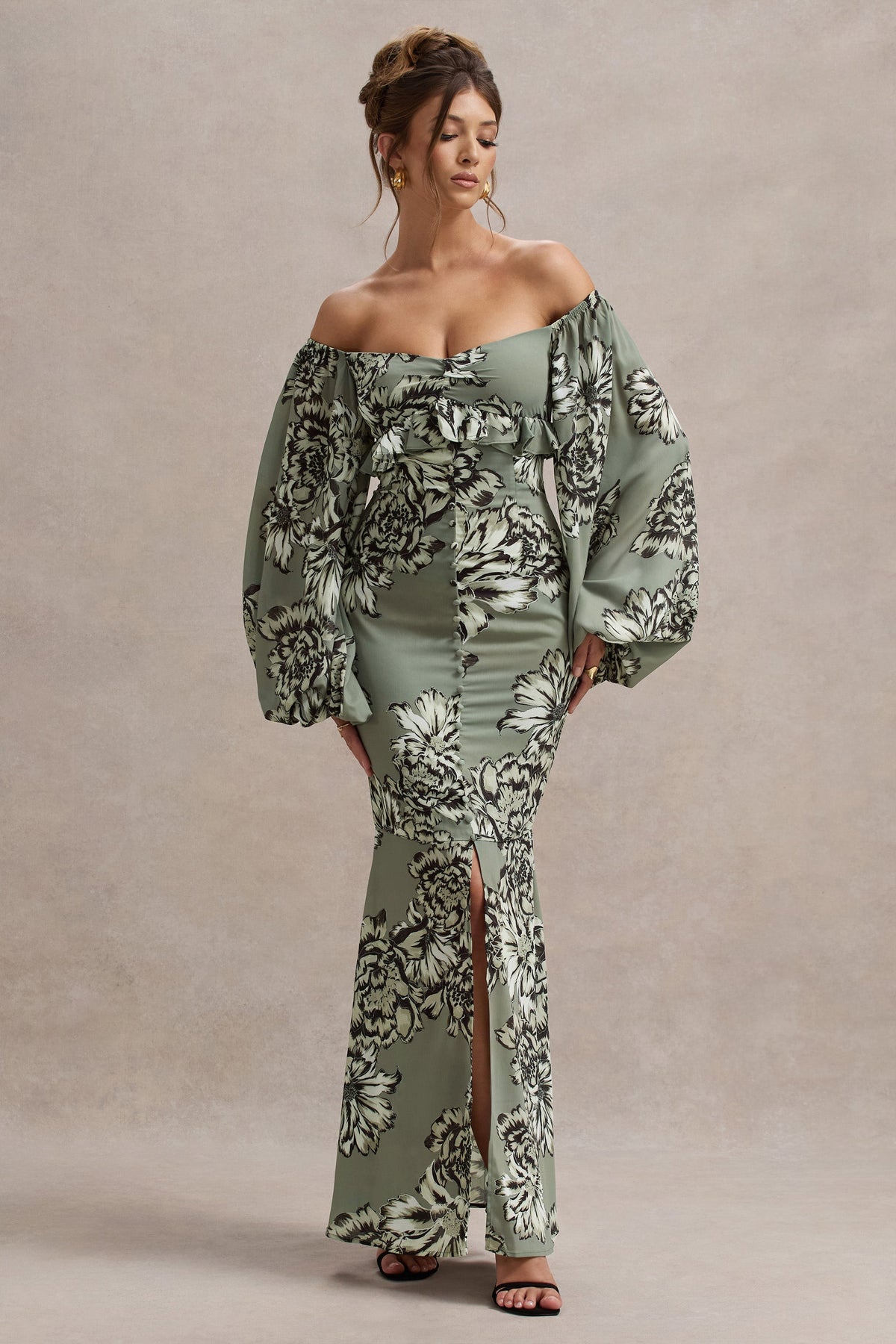 Murcia | Robe longue  à manches bouffantes en chiffon imprimé floral olive avec boutons
