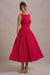 Muriel | Robe mi-Longue rouge à encolure bateau et ourlet volumineux
