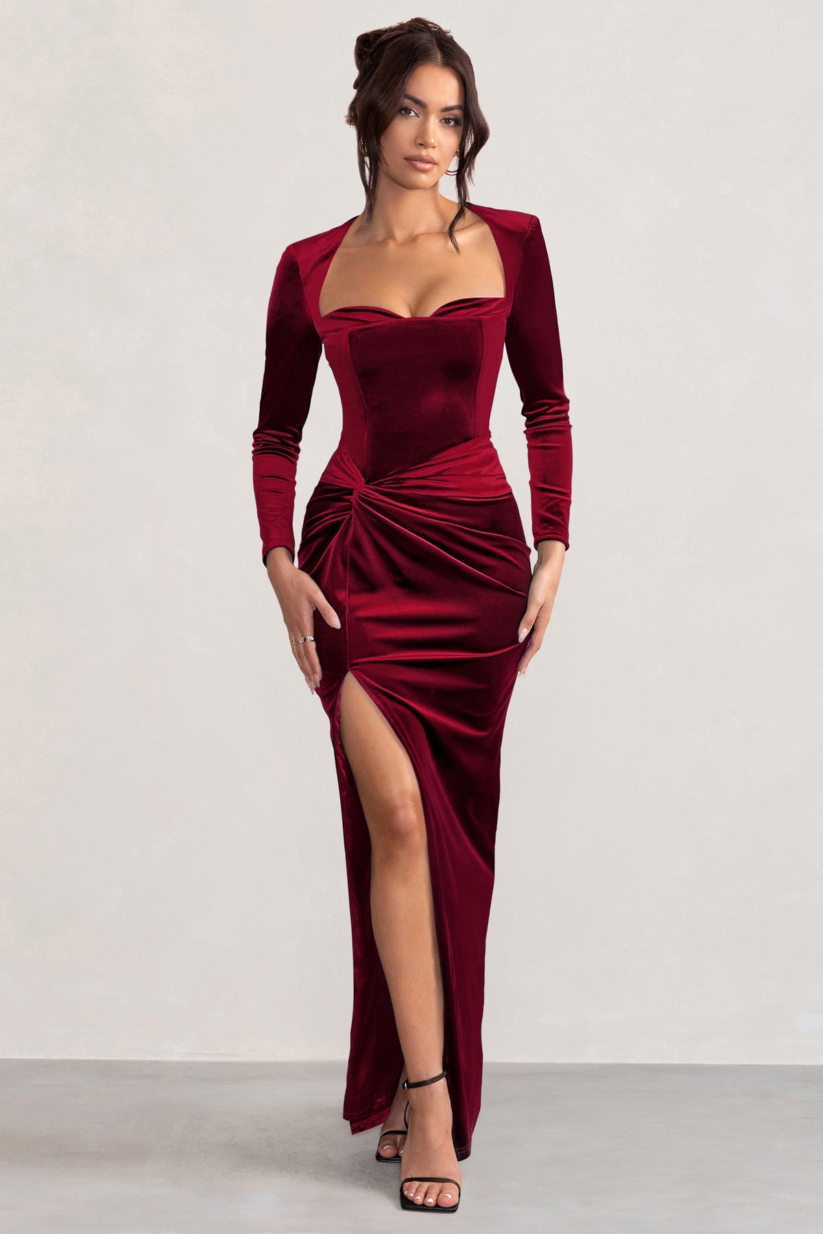 Fay Robe longue rouge en velours a n ud et manches longues avec cors Club L London FR