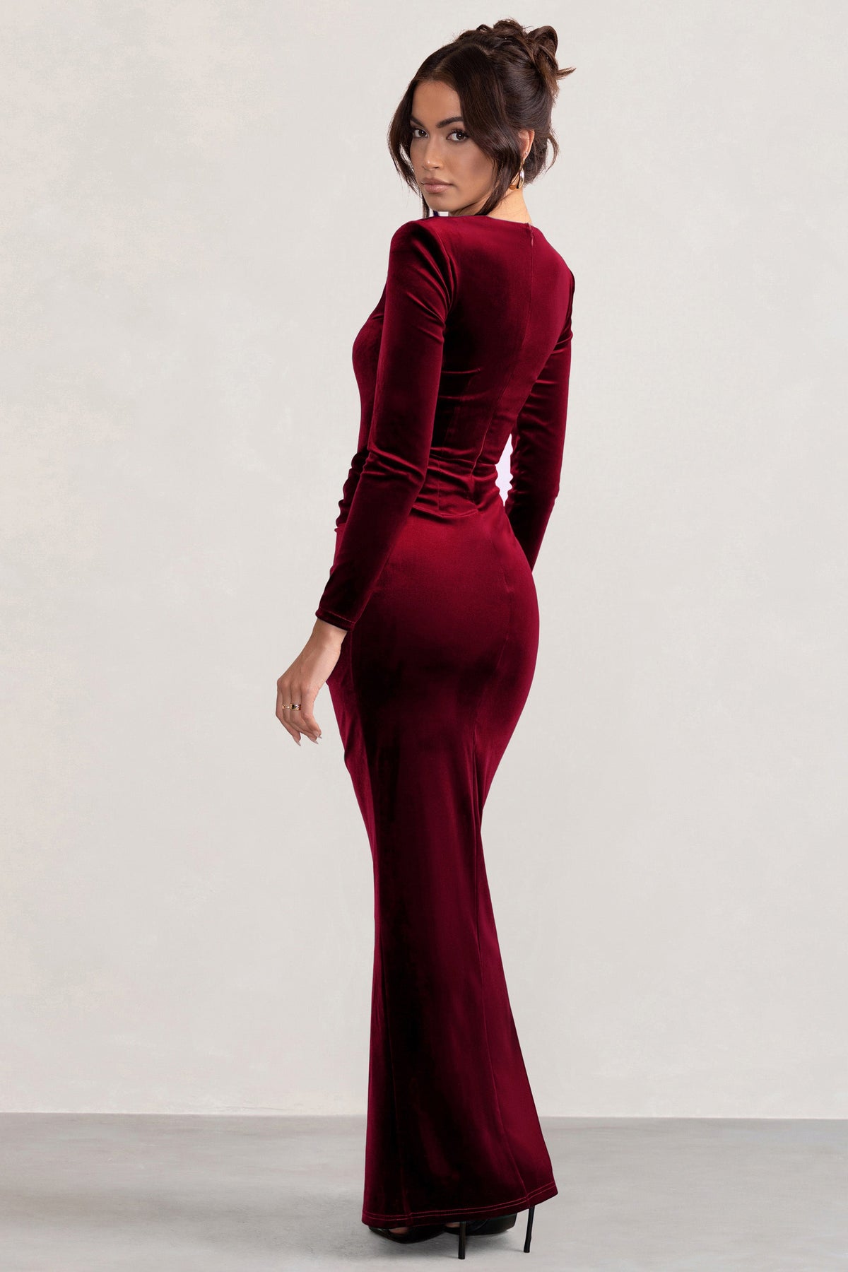 Fay | Robe longue rouge en velours à nœud et manches longues avec corset