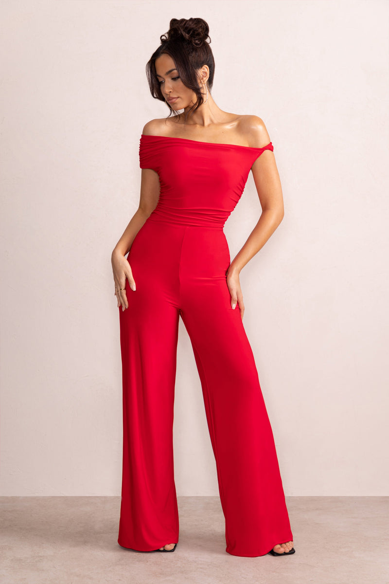 Avery Combinaison Rouge Asym trique Bardot Fronc Et Jambe Large avery-combinaison-rouge-asym-trique-bardot-fronc-et-jambe-large