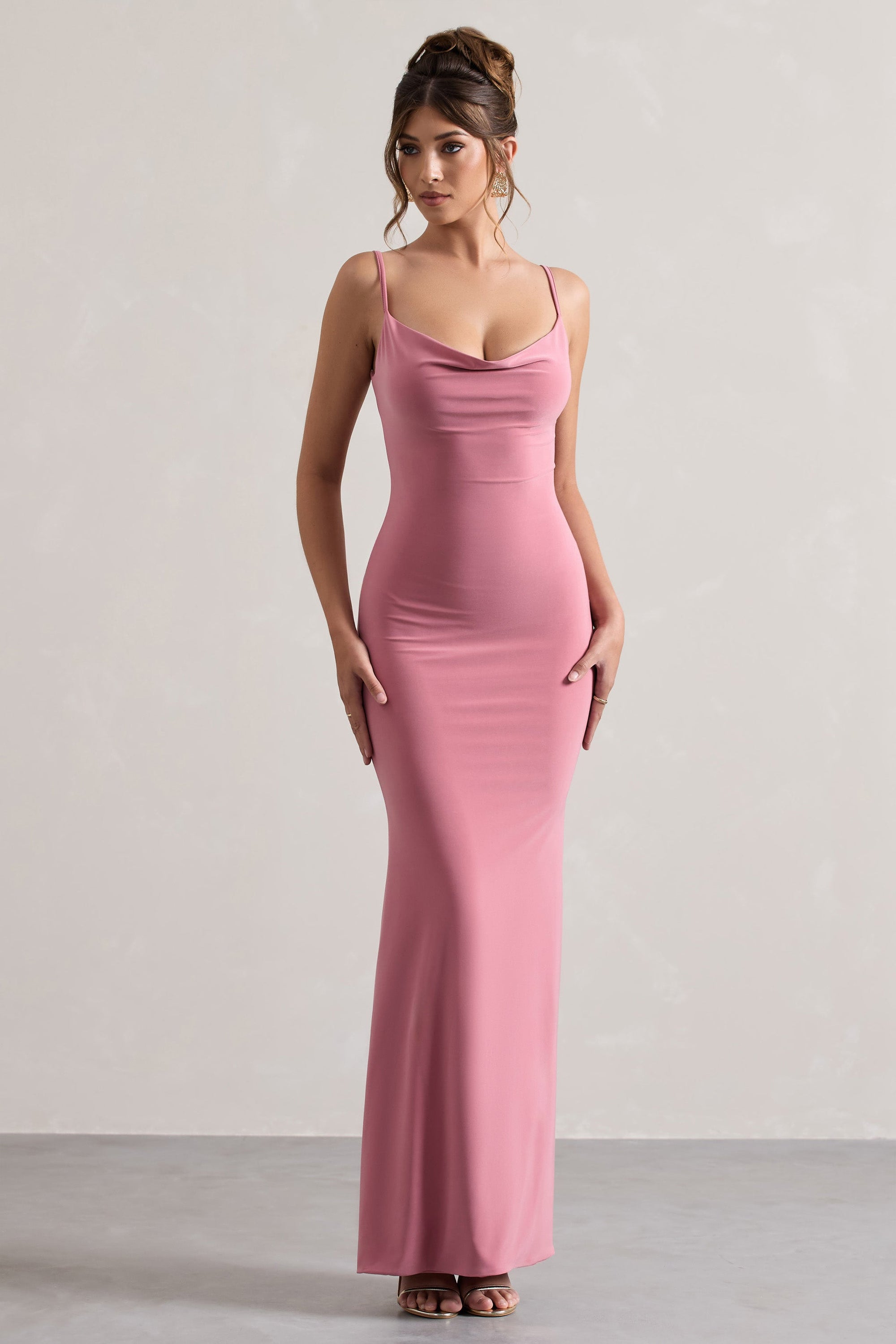 Francoise | Robe longue rose poudré à col bénitier et dos nu avec dentelle