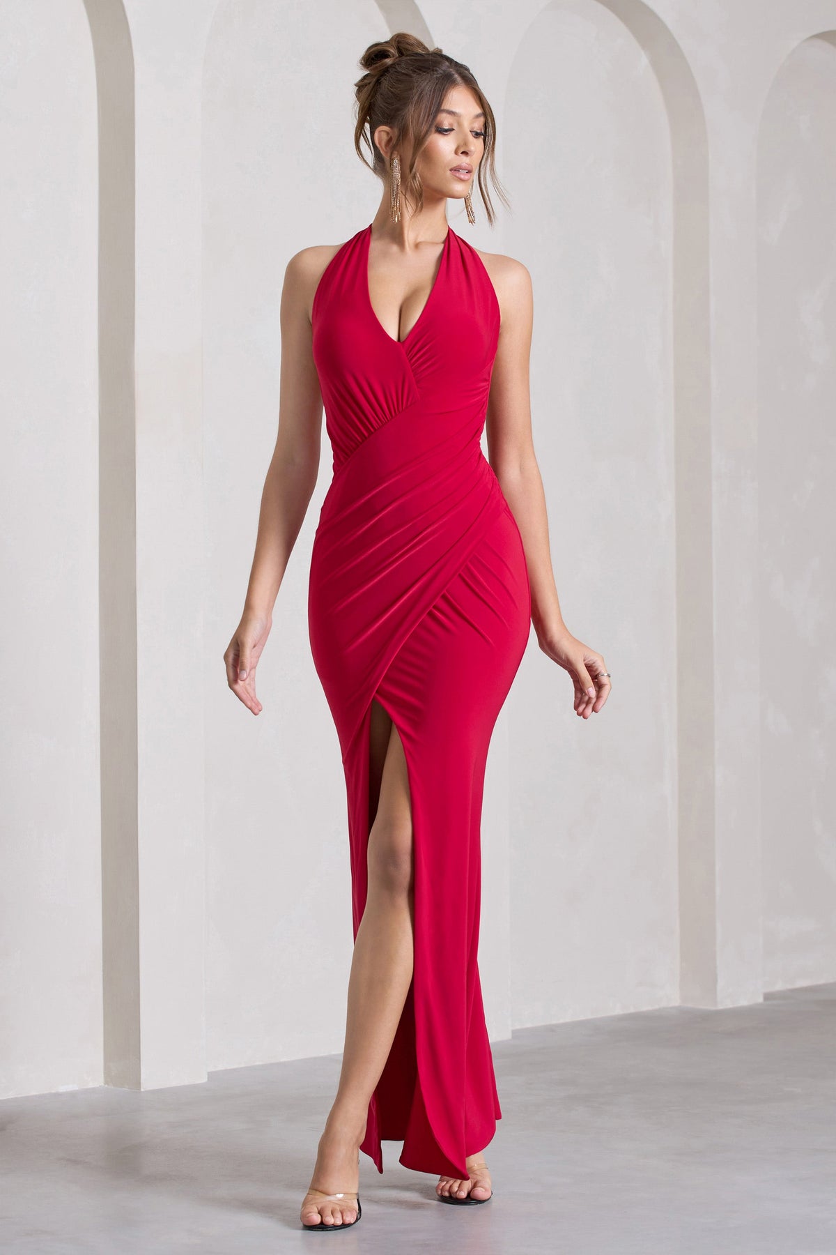 Leonie Robe longue rouge d collet en V d tail torsad et fente