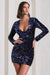 Tantalise | Mini-robe en sequin bleu marine à décolleté plongeant et manches longues