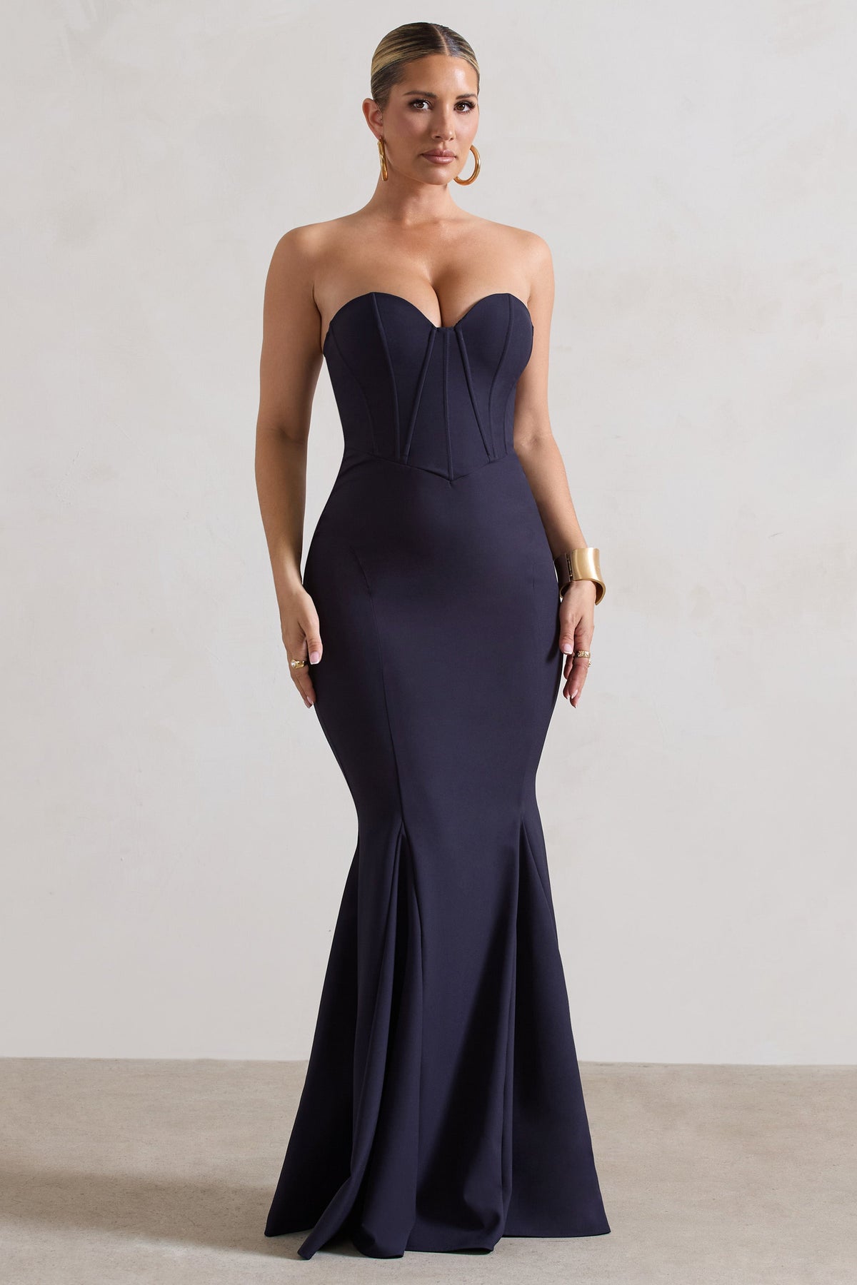 Idyllic | Robe longue bleu marine sans bretelles à corset et queue de poisson