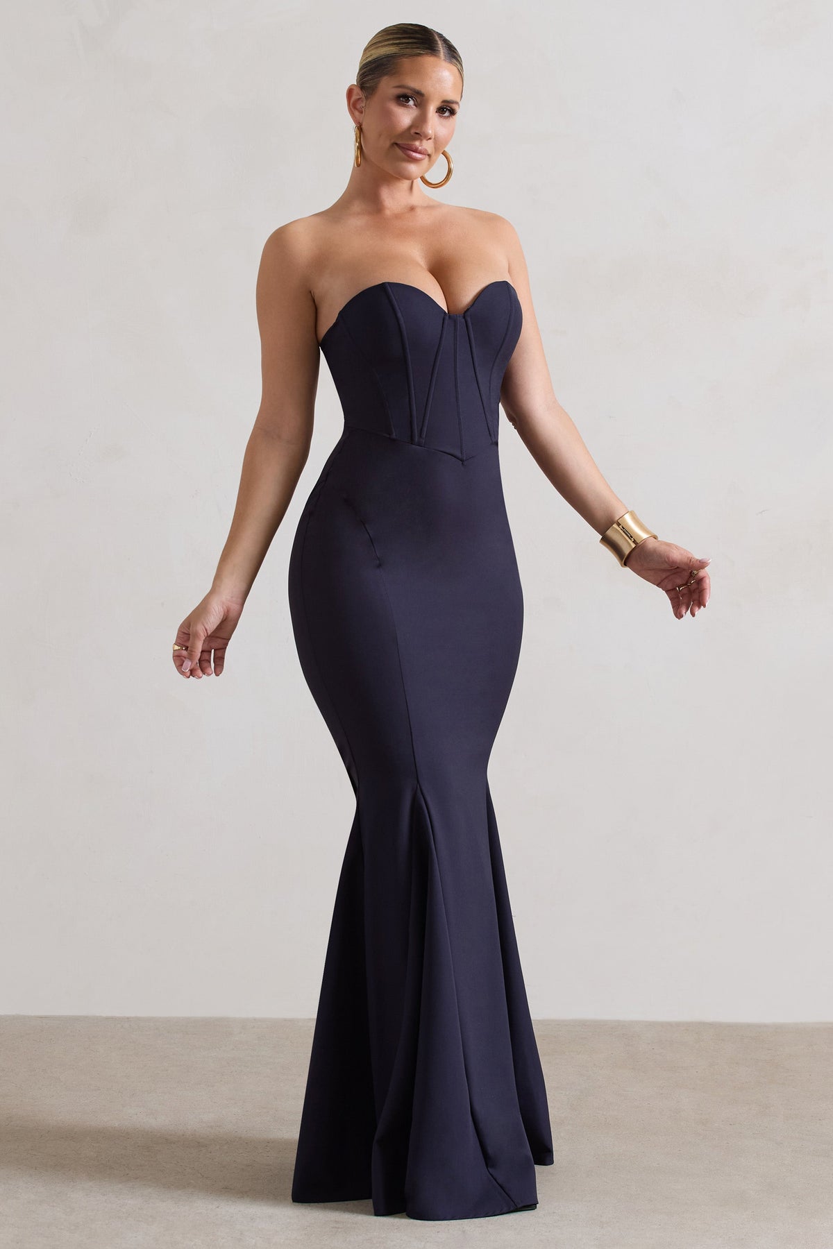 Idyllic | Robe longue bleu marine sans bretelles à corset et queue de poisson