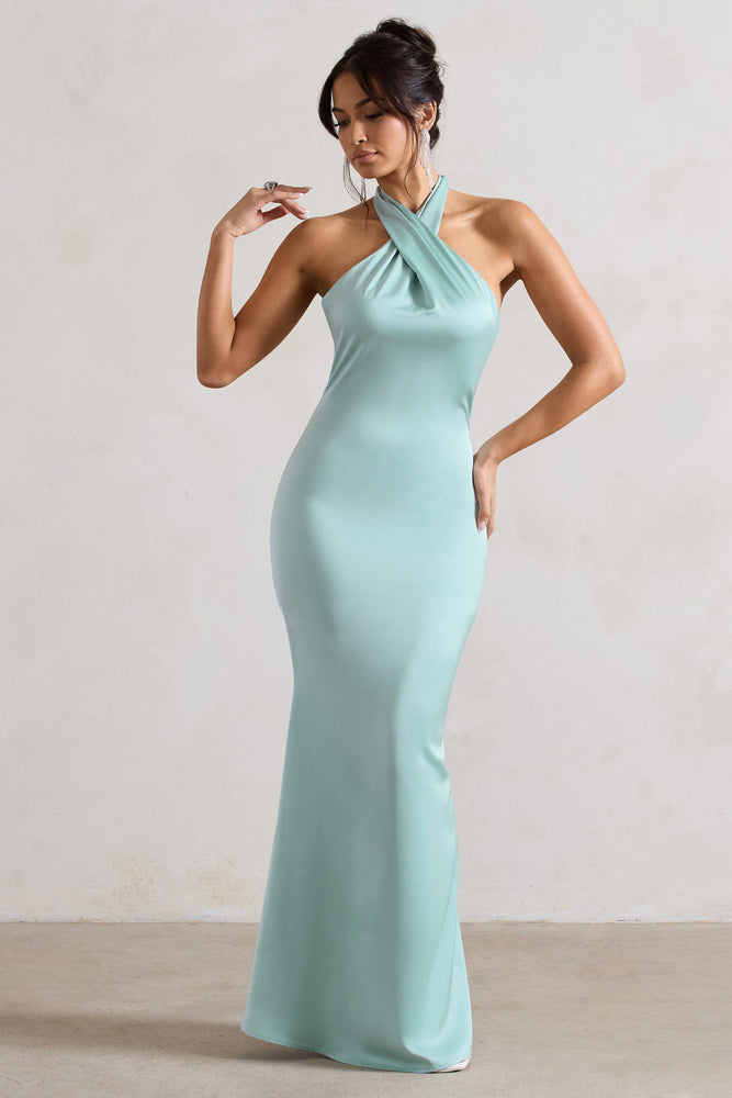 Unbeatable | Robe longue en satin vert menthe à décolleté croisé