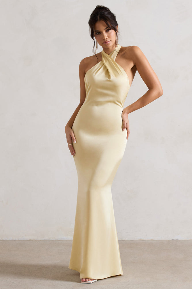 Unbeatable | Robe longue en satin jaune citron à décolleté croisé