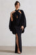 Audrina | Robe longue noire froncée à col haut fente et cape