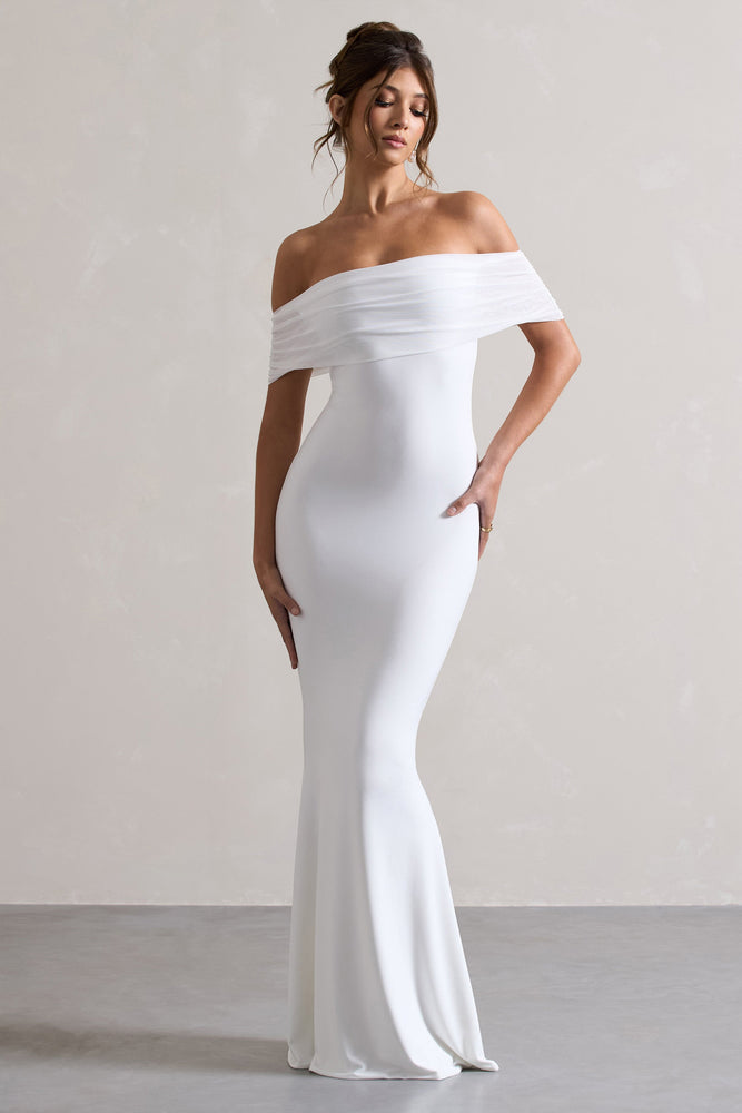Kiana | Robe longue blanche à encolure bardot Robes de mariée The Wedding Explorer