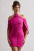 Adriana | Mini-robe rose froncée à encolure haute fronces et fleur