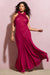 Naelya | Robe longue rose en mousseline à col haut et corsage