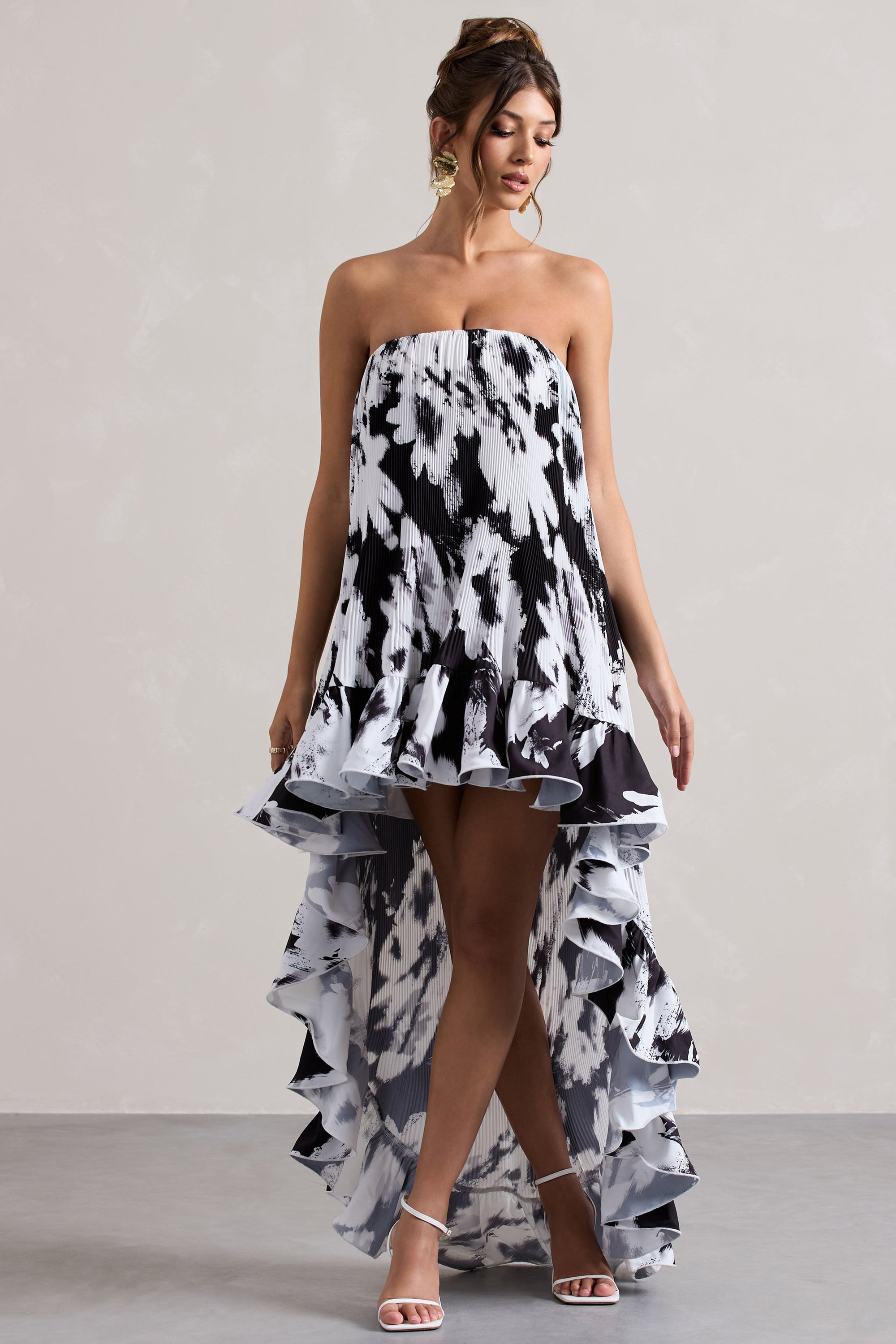 Whistler | Robe longue chiffon monochrome floral décolleté bandeau et froncée