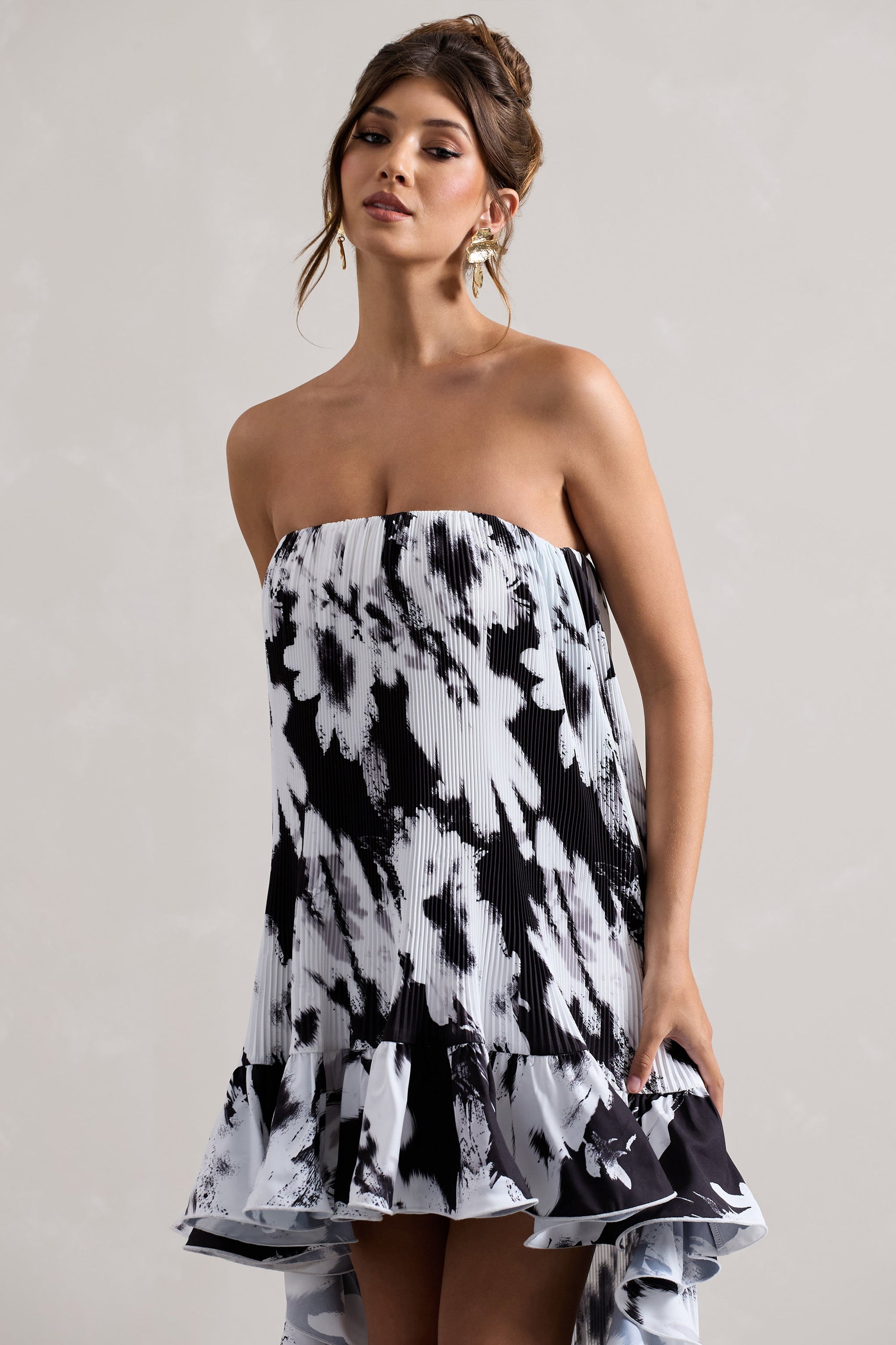 Whistler | Robe longue chiffon monochrome floral décolleté bandeau et froncée