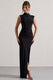 Lanetta | Robe longue noire froncée à encolure haute et fente sur la jambe