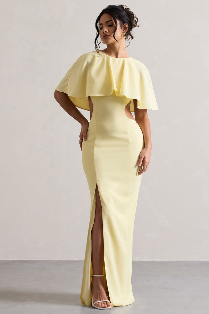 Isadora | Robe longue jaune pastel à fente et cape Robes longues invitées The Wedding Explorer Isadora | Robe longue jaune pastel à fente et cape Robes longues invitées The Wedding Explorer