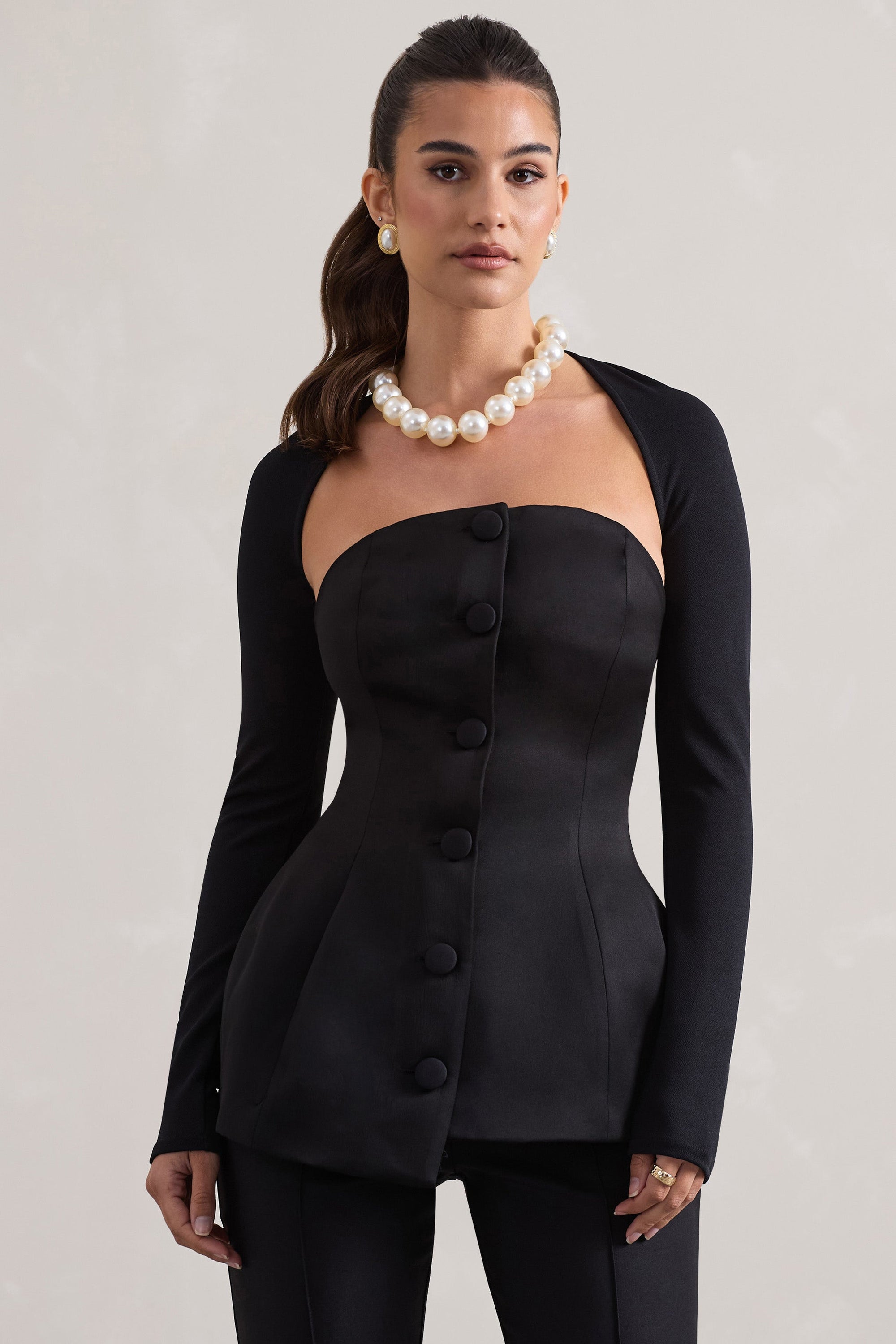 Century | Corset en satin noir sans bretelles et bouton de fermeture