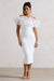 Ladylike | Robe mi-longue blanche froncée à encolure bardot et bordure organza