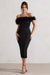 Maiden | Robe mi-longue noire à dentelles encolure bardot et bordure de plumes