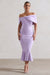Lydia | Robe mi-longue lilas à encolure bardot et noeud