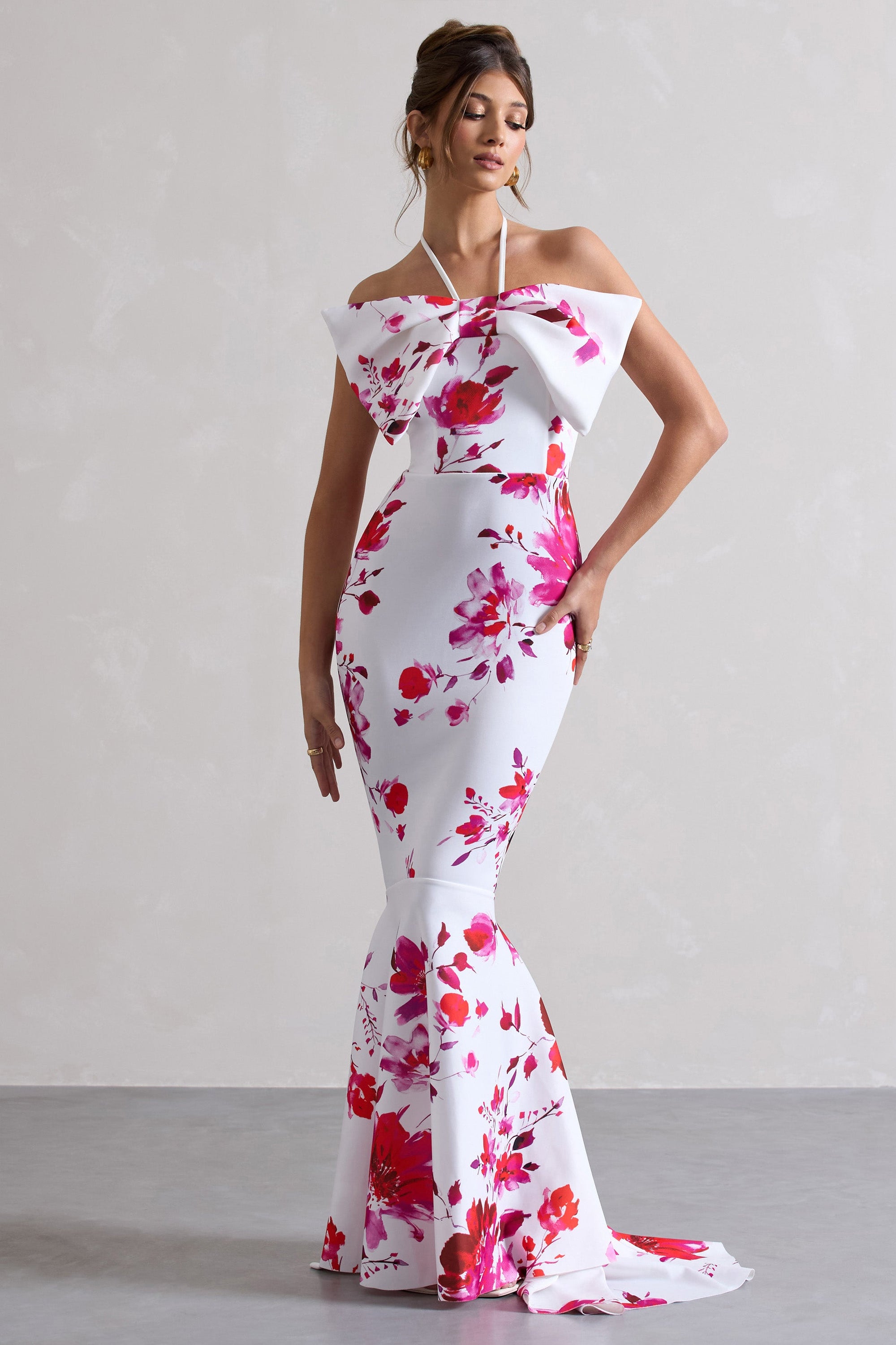 Sakura | Robe longue rose à imprimé floral encolure haute et noeud