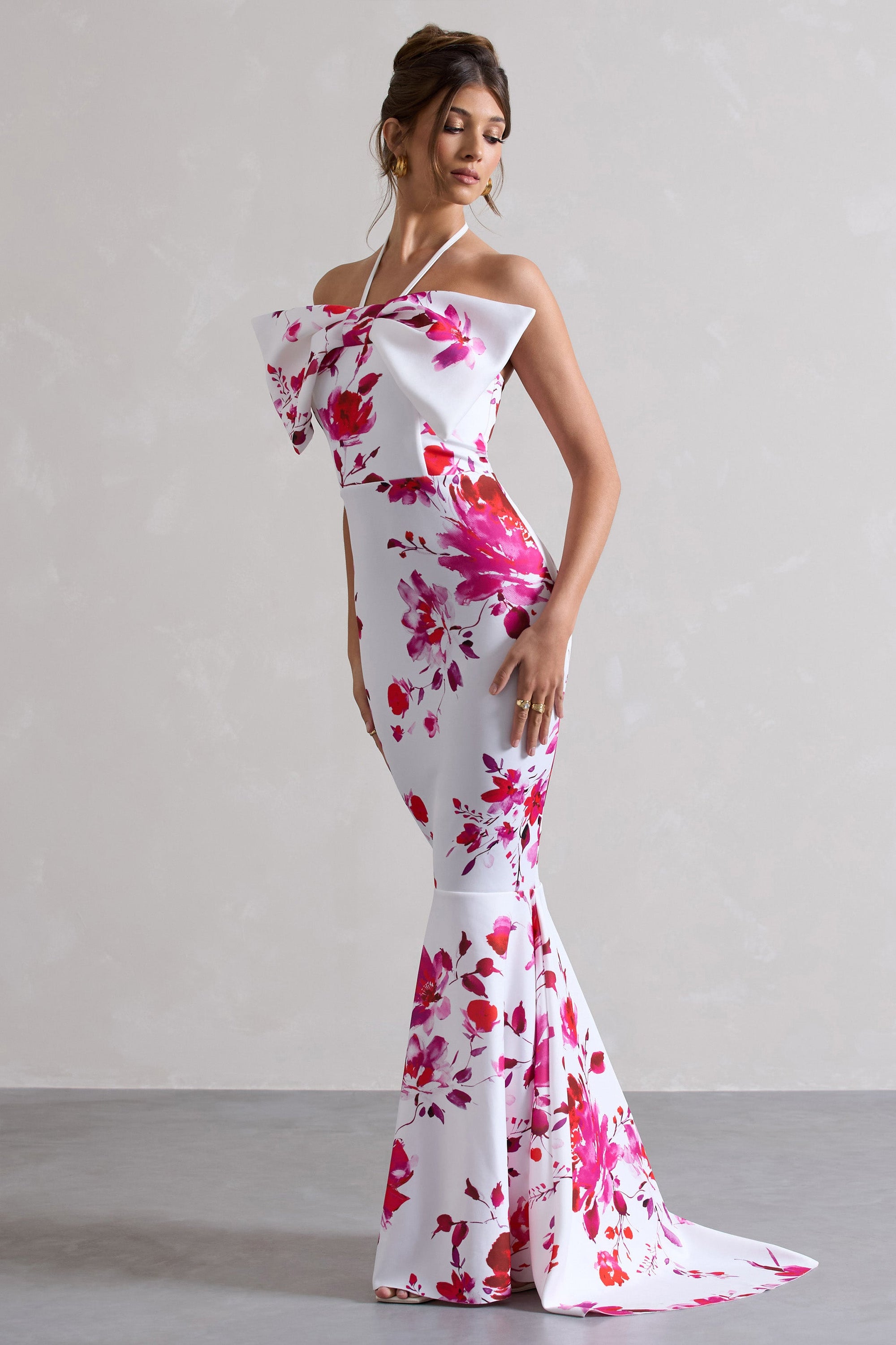 Sakura | Robe longue rose à imprimé floral encolure haute et noeud