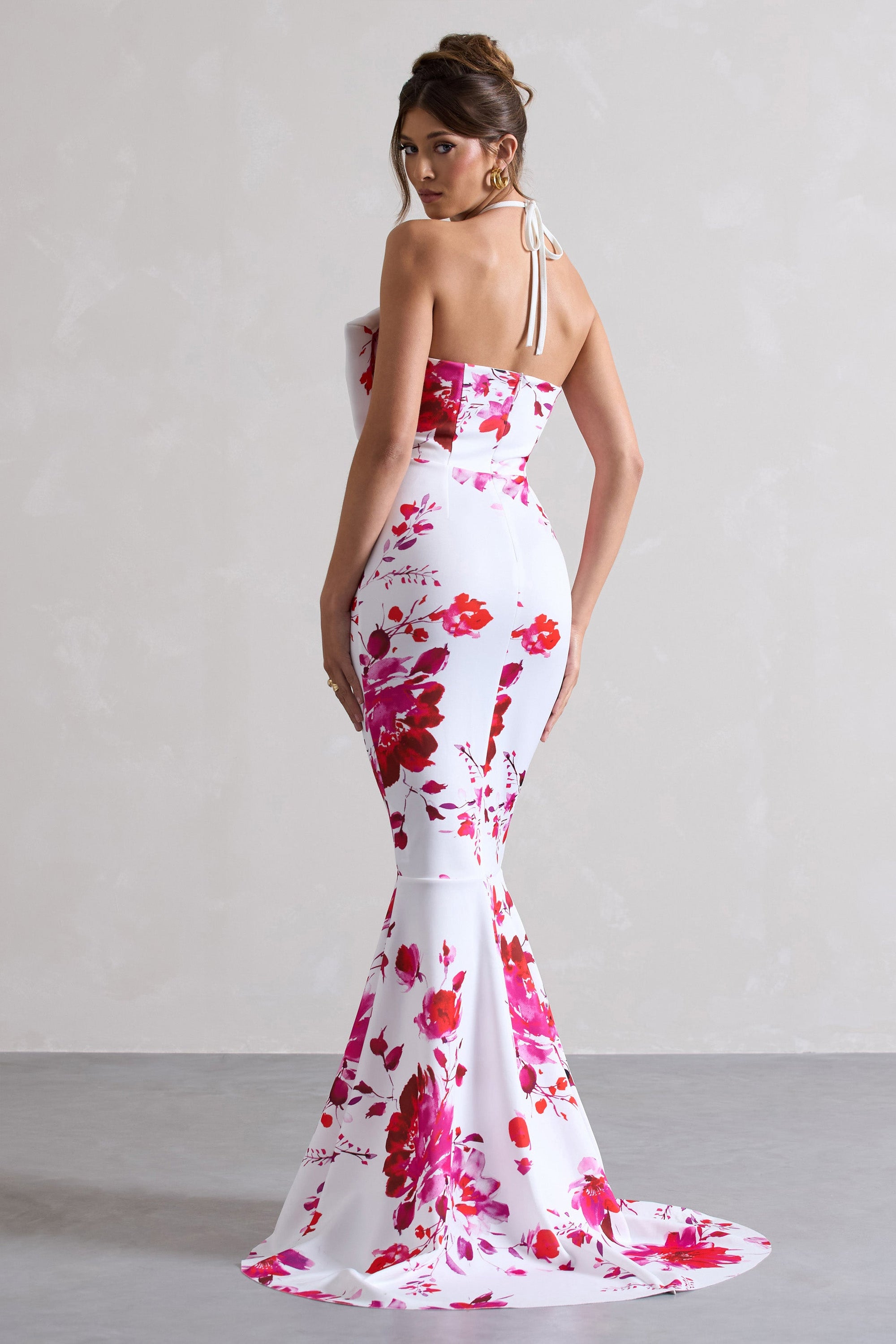 Sakura | Robe longue rose à imprimé floral encolure haute et noeud
