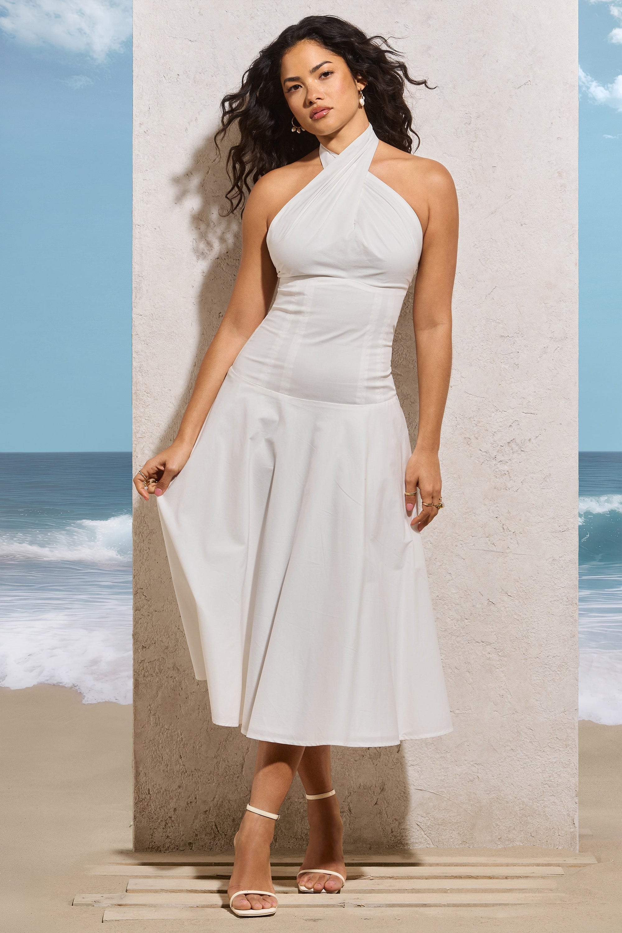 Saint-Malo | Robe mi-longue blanche à encolure haute