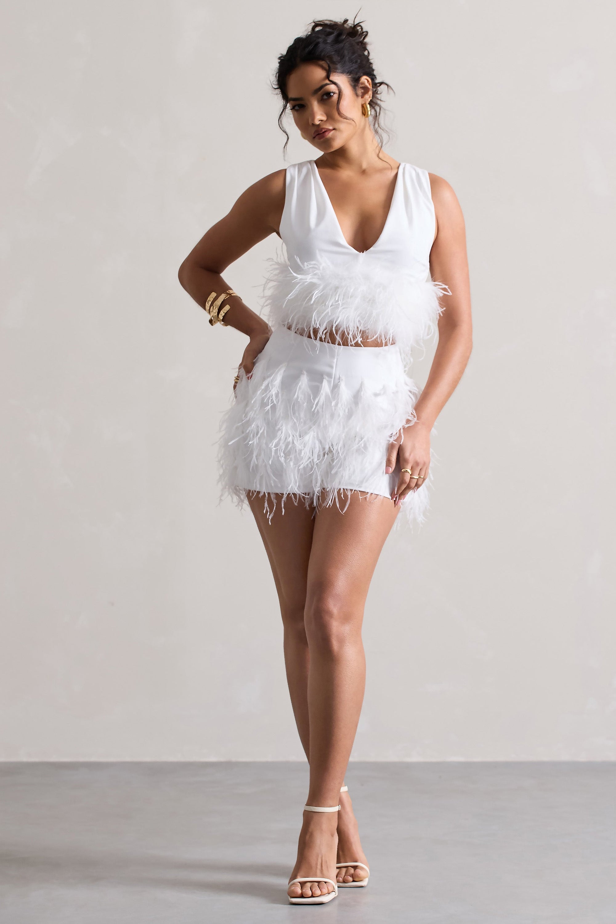 Encore | Short blanc à plumes