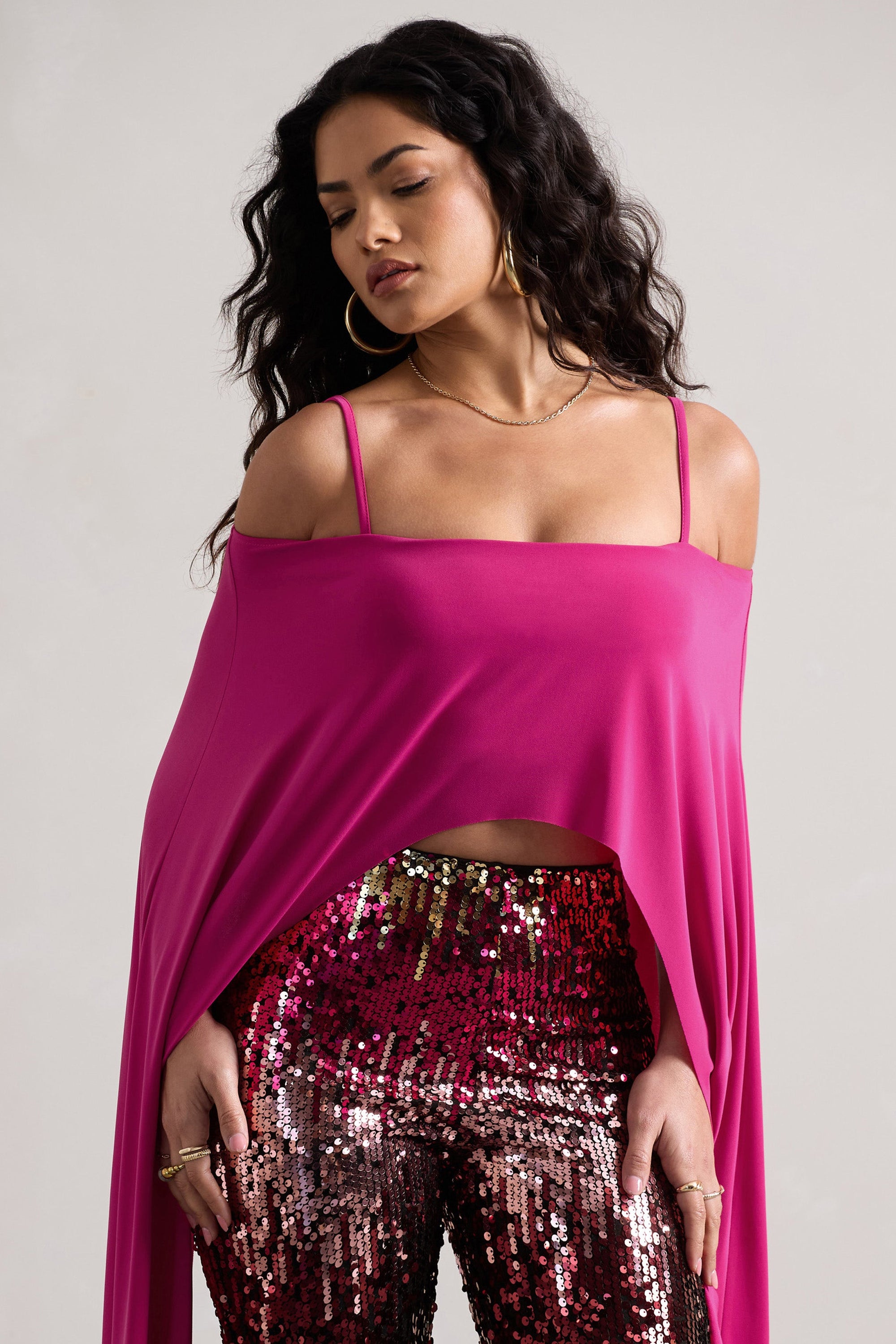 Floyd | Crop top rose encolure bardot et manches cape