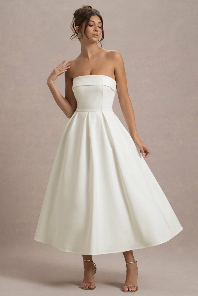 Annalise | Robe Mi-Longue Ecru Évasée à Bandeau