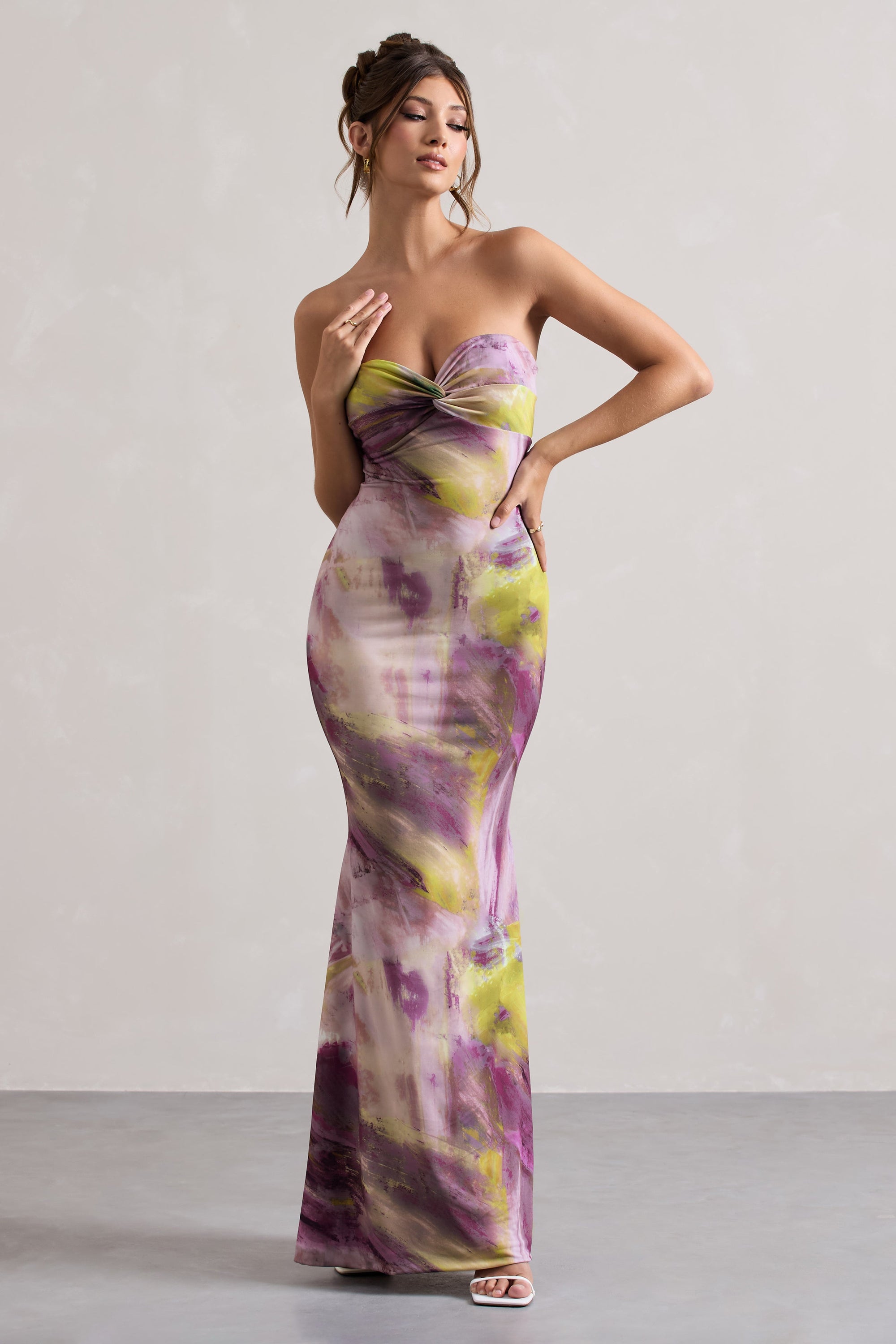 Santiago | Robe longue torsadée à imprimé lilas sans bretelles