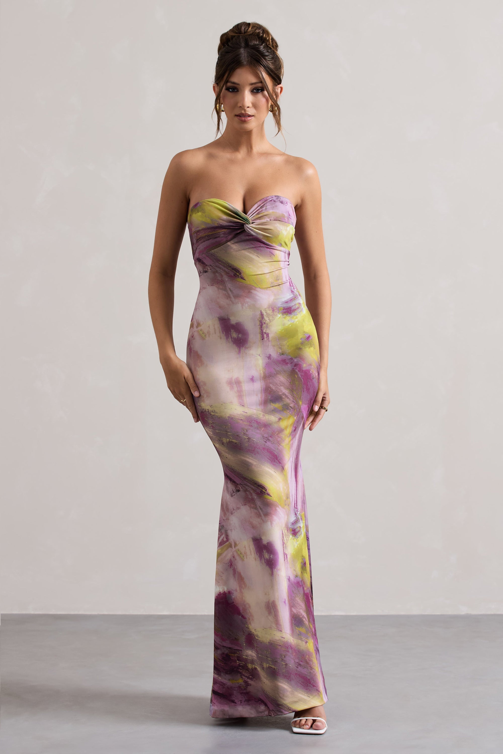 Santiago | Robe longue torsadée à imprimé lilas sans bretelles