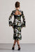 Arlitta |Robe mi-longue en satin à manches longues avec imprimé floral noir