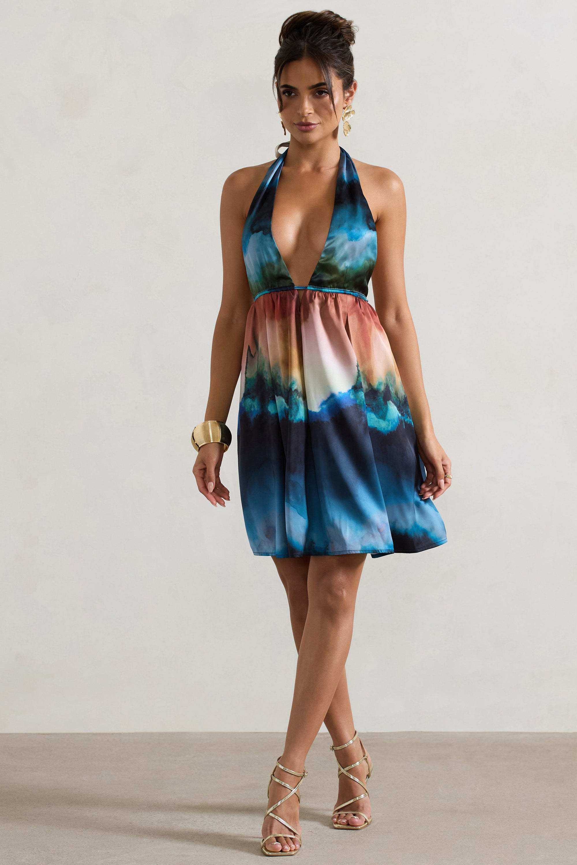 Naxos | Mini-robe babydoll à imprimé flou multicolore avec décolleté plongeant