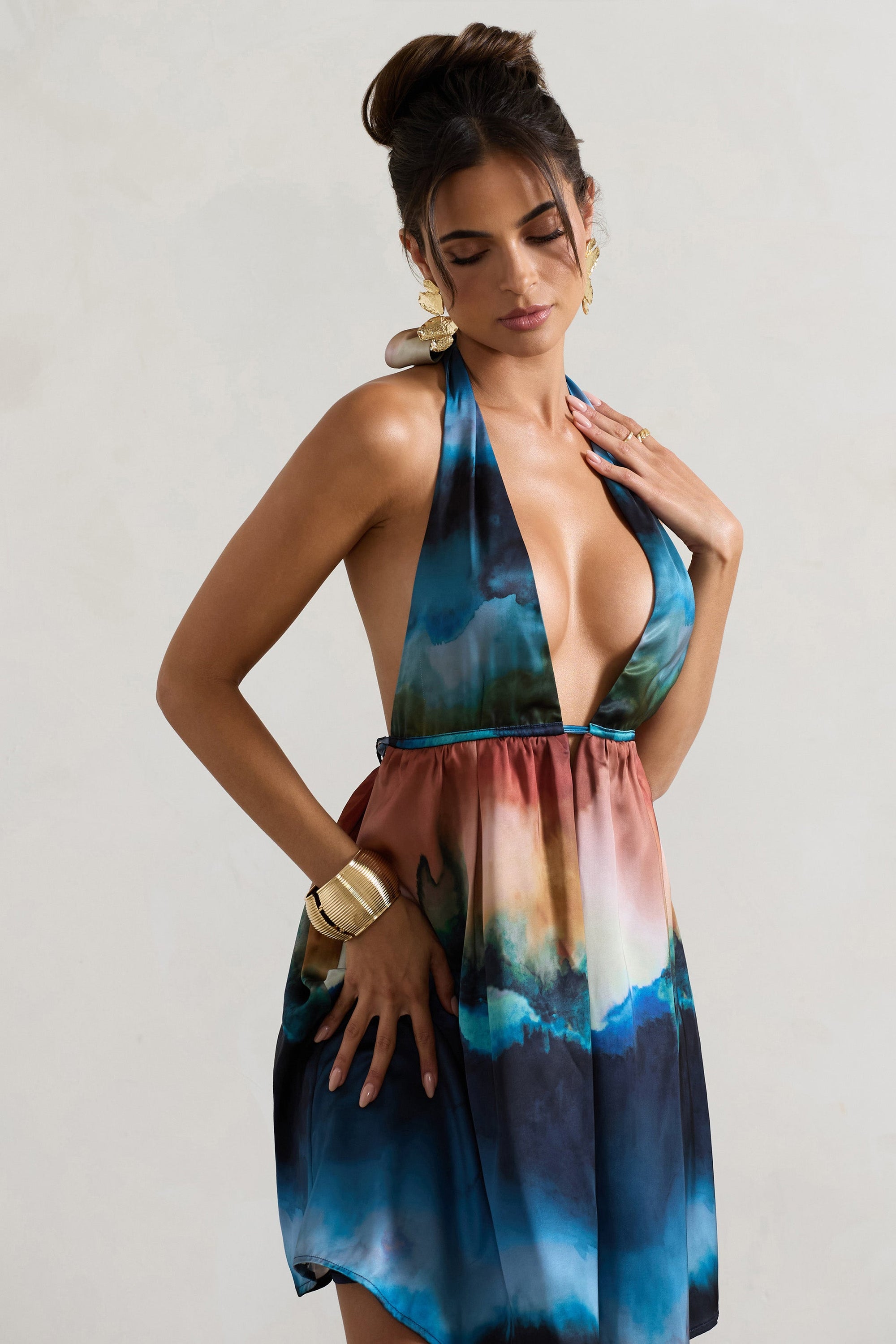 Naxos | Mini-robe babydoll à imprimé flou multicolore avec décolleté plongeant