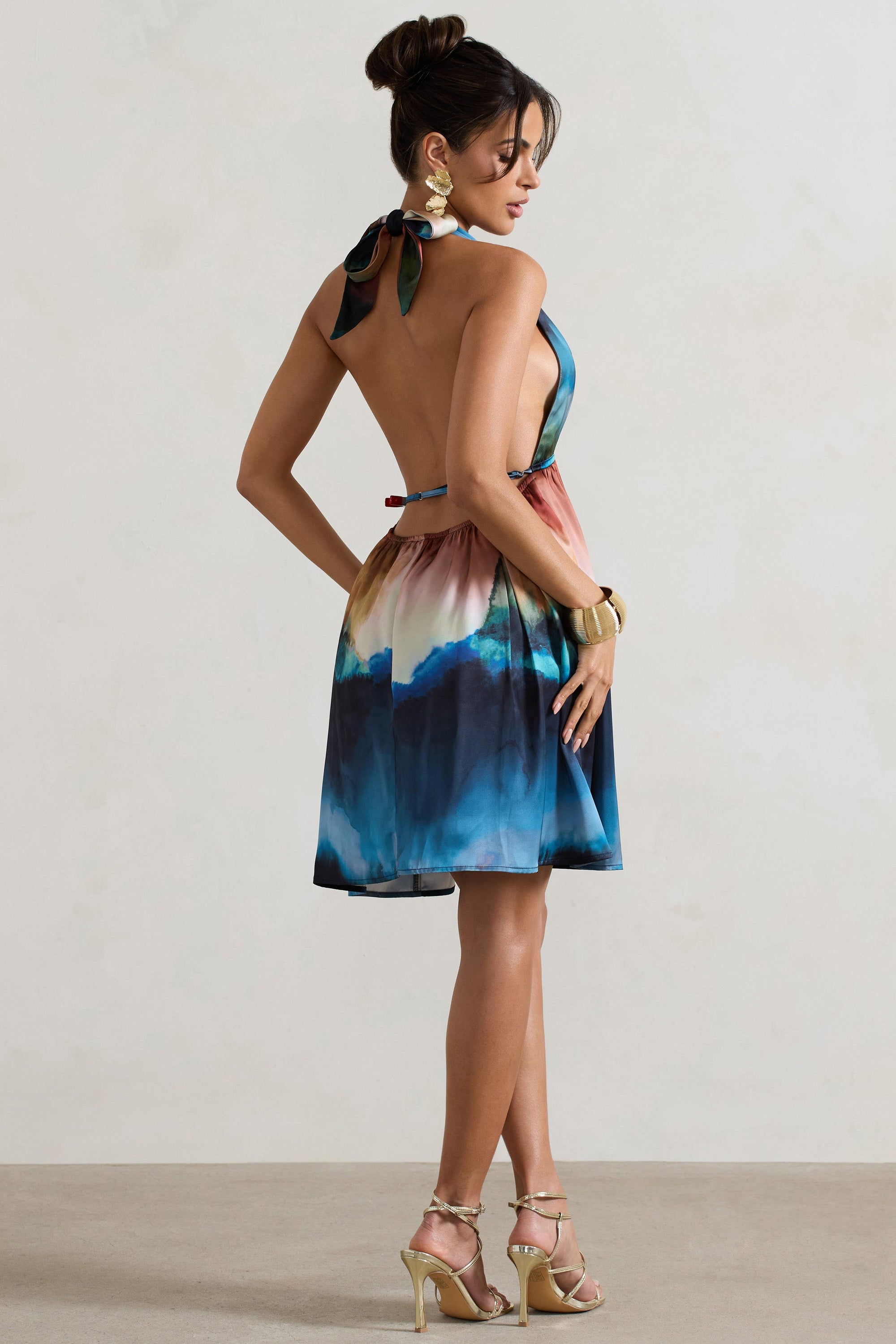 Naxos | Mini-robe babydoll à imprimé flou multicolore avec décolleté plongeant