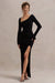 Cosmos | Robe longue noire asymétrique à manches longues et fente