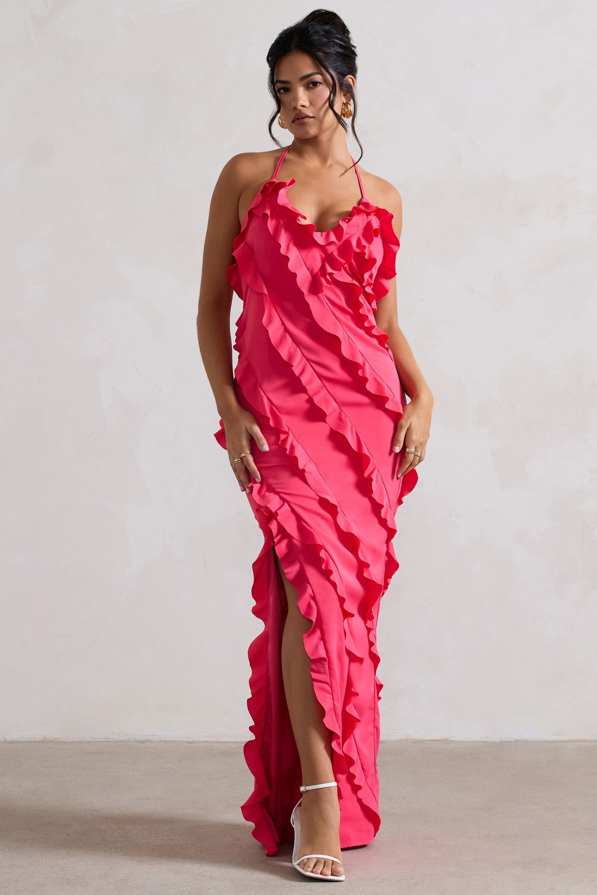 Full On | Robe longue rose à volants et décolleté en V