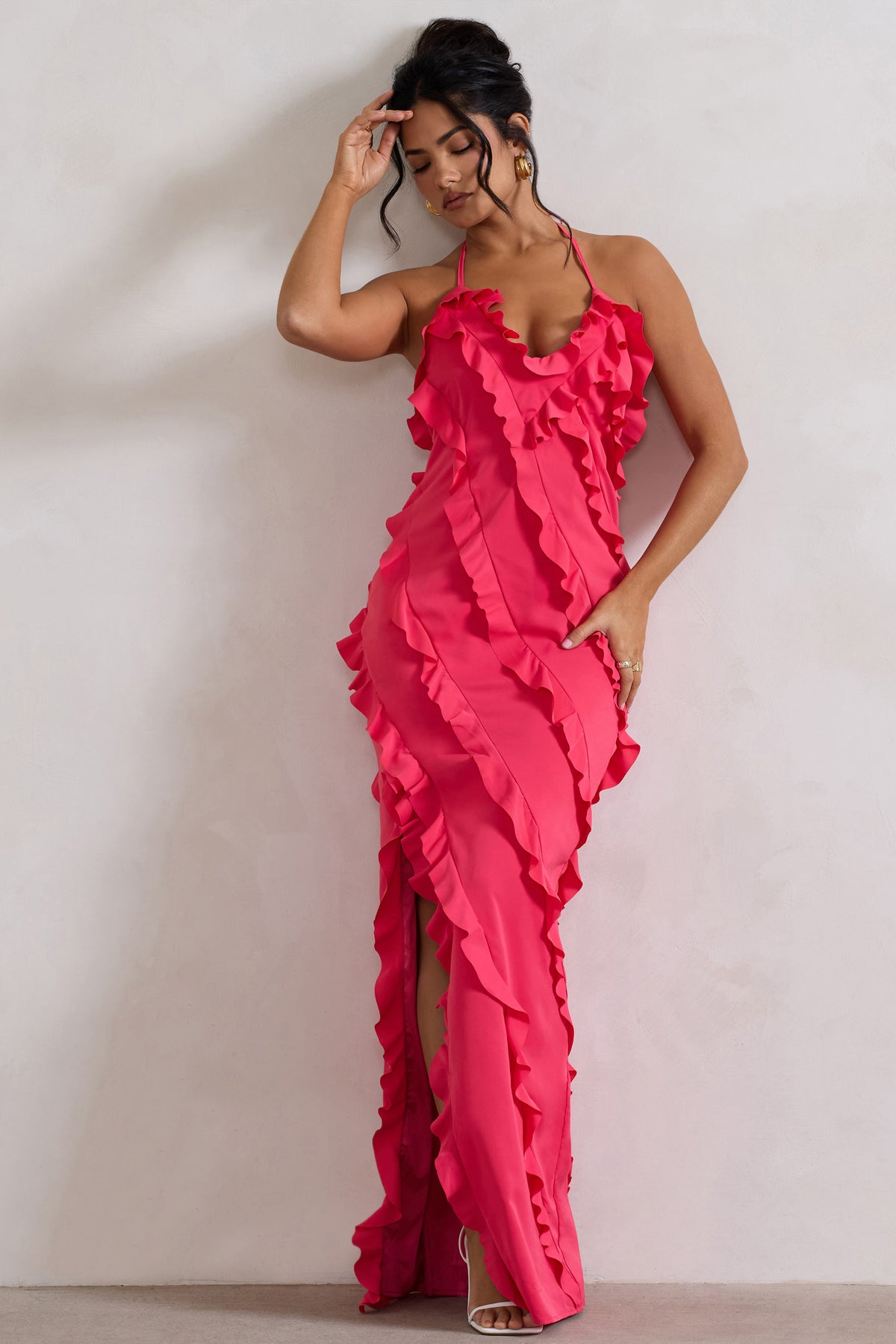Full On | Robe longue rose à volants et décolleté en V