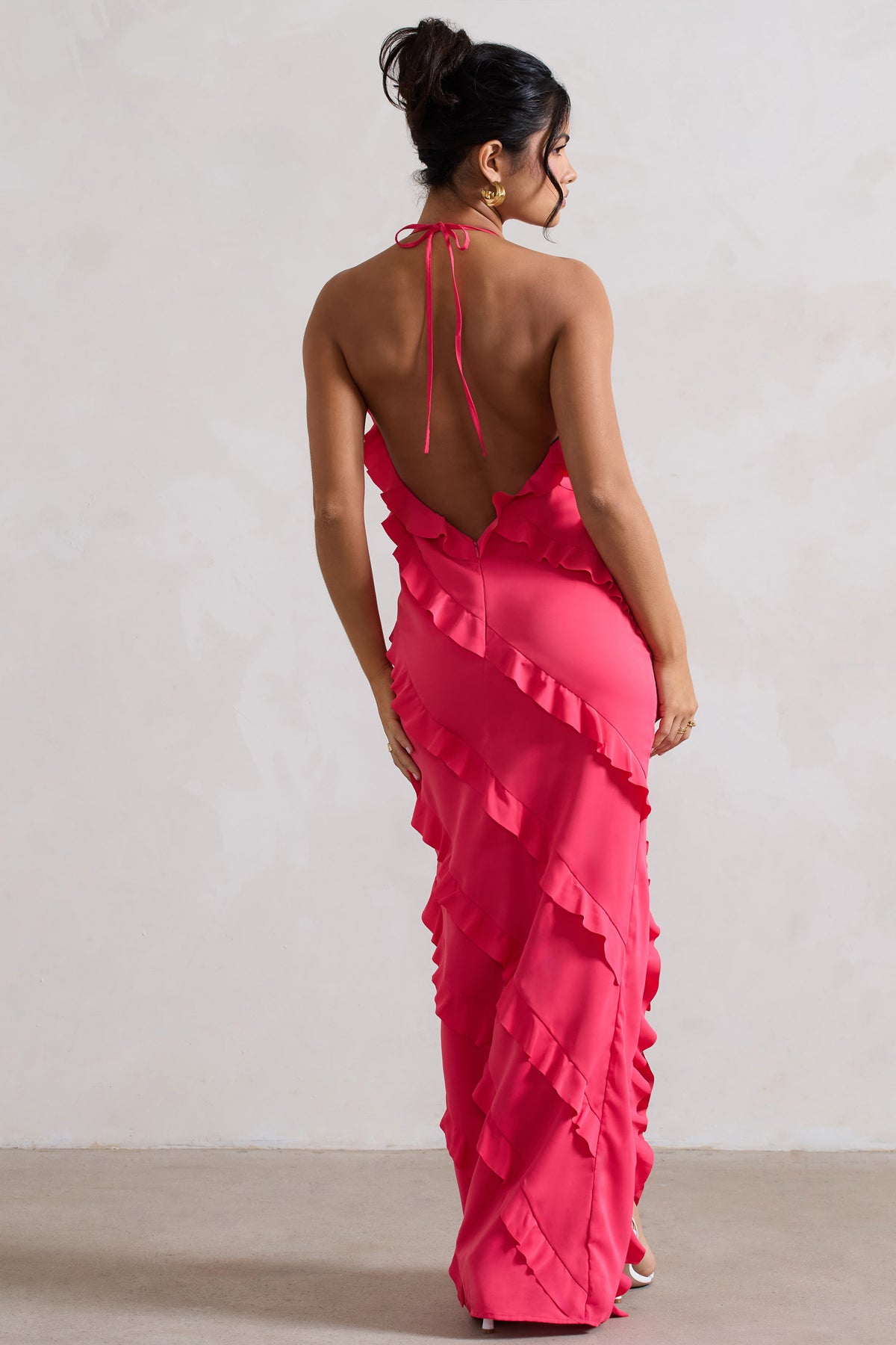 Full On | Robe longue rose à volants et décolleté en V