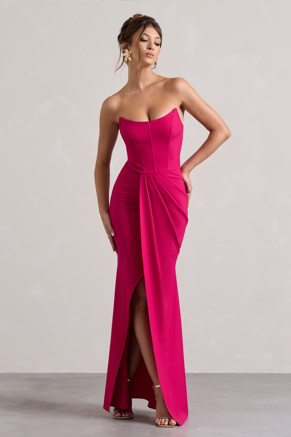 Brigitte | Robe longue portefeuille avec corset sans bretelles rose vif