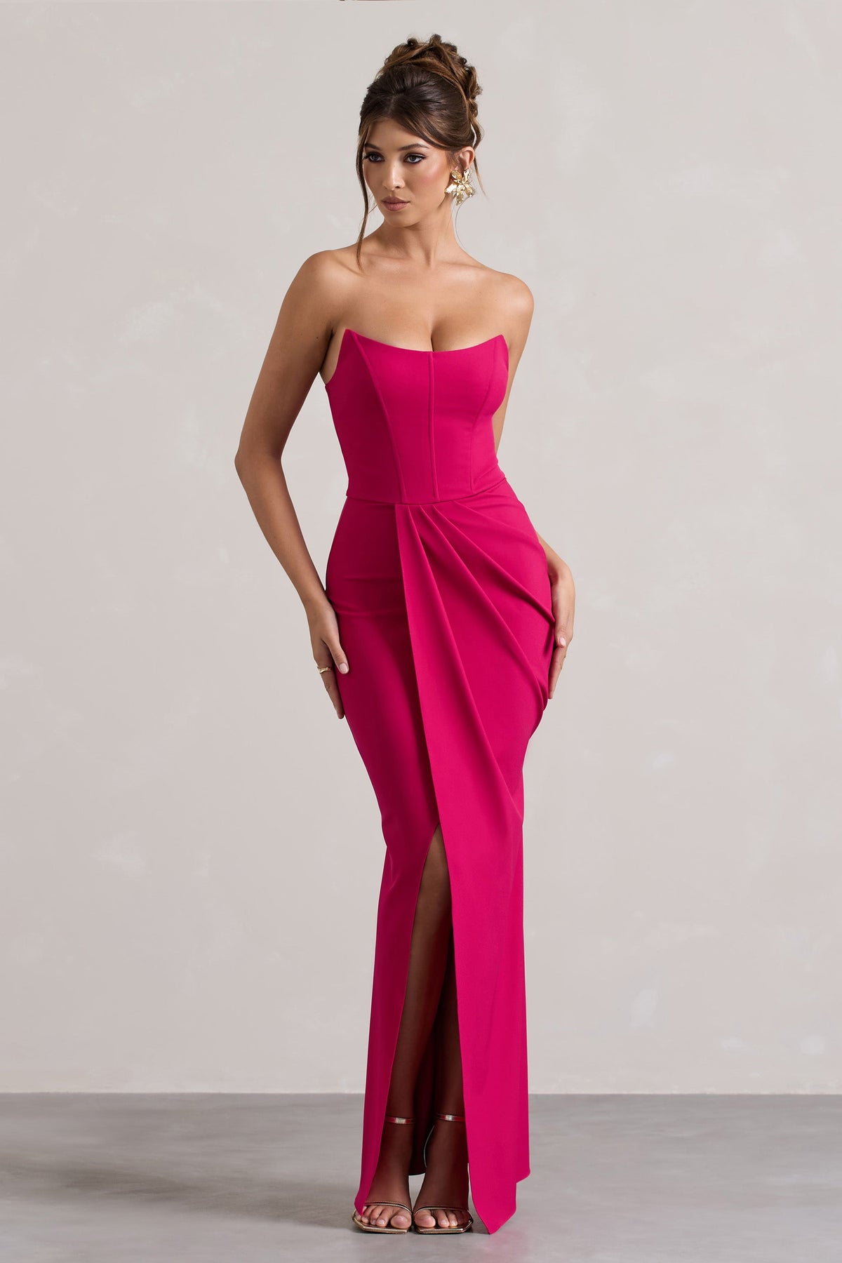Brigitte | Robe longue portefeuille avec corset sans bretelles rose vif