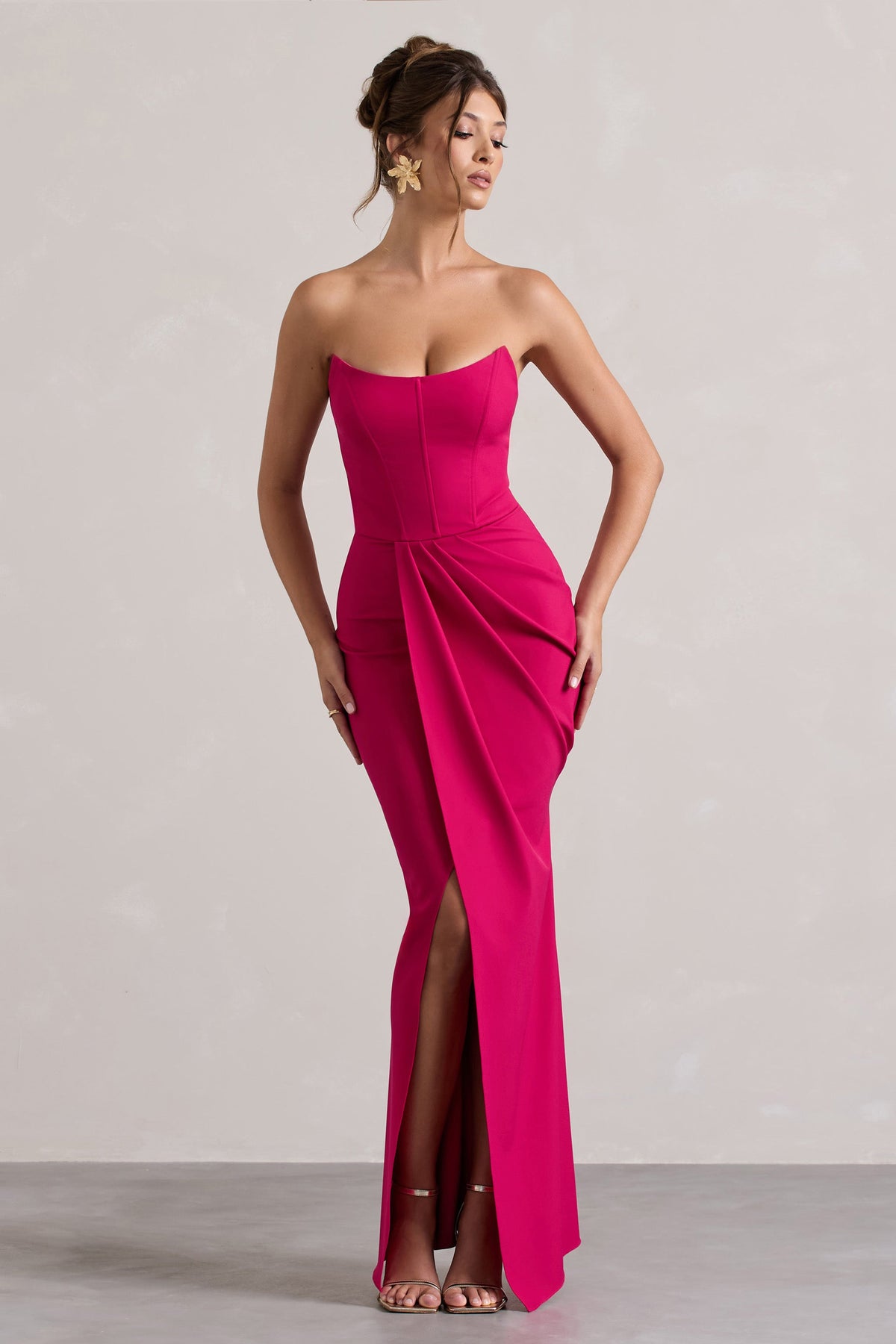 Brigitte | Robe longue portefeuille avec corset sans bretelles rose vif