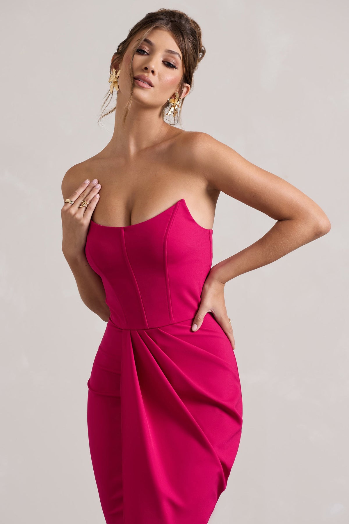 Brigitte | Robe longue portefeuille avec corset sans bretelles rose vif
