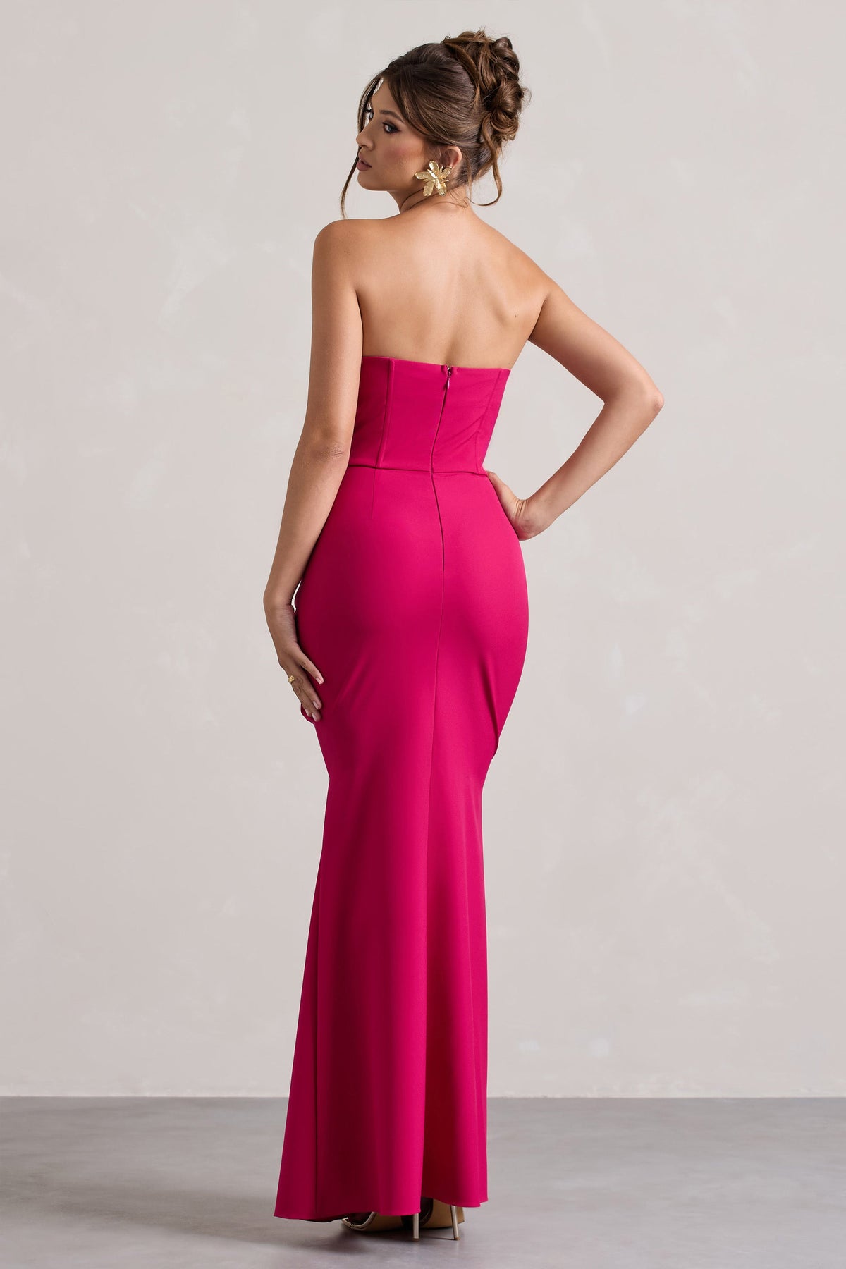 Brigitte | Robe longue portefeuille avec corset sans bretelles rose vif