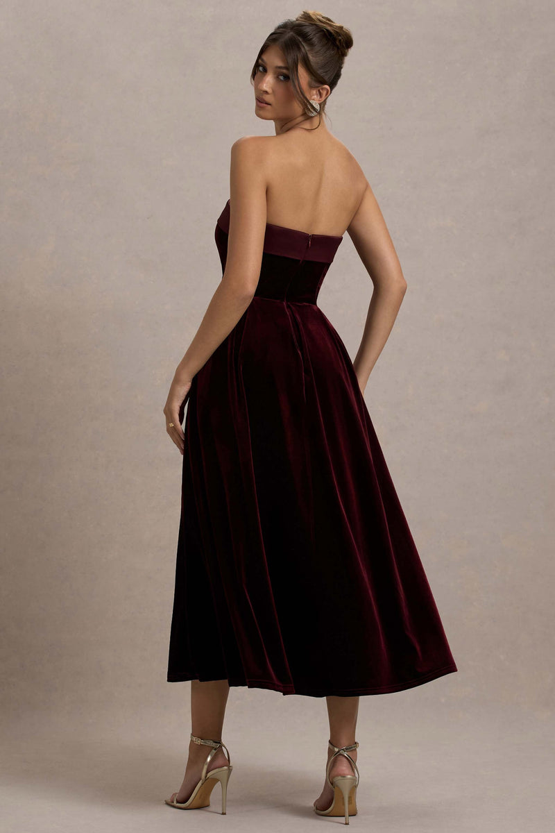 Delray | Robe Mi-Longue Bandeau en Velours Bordeaux