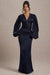 Helsinki | Robe longue en satin bleu marine à manches ballon et col en V