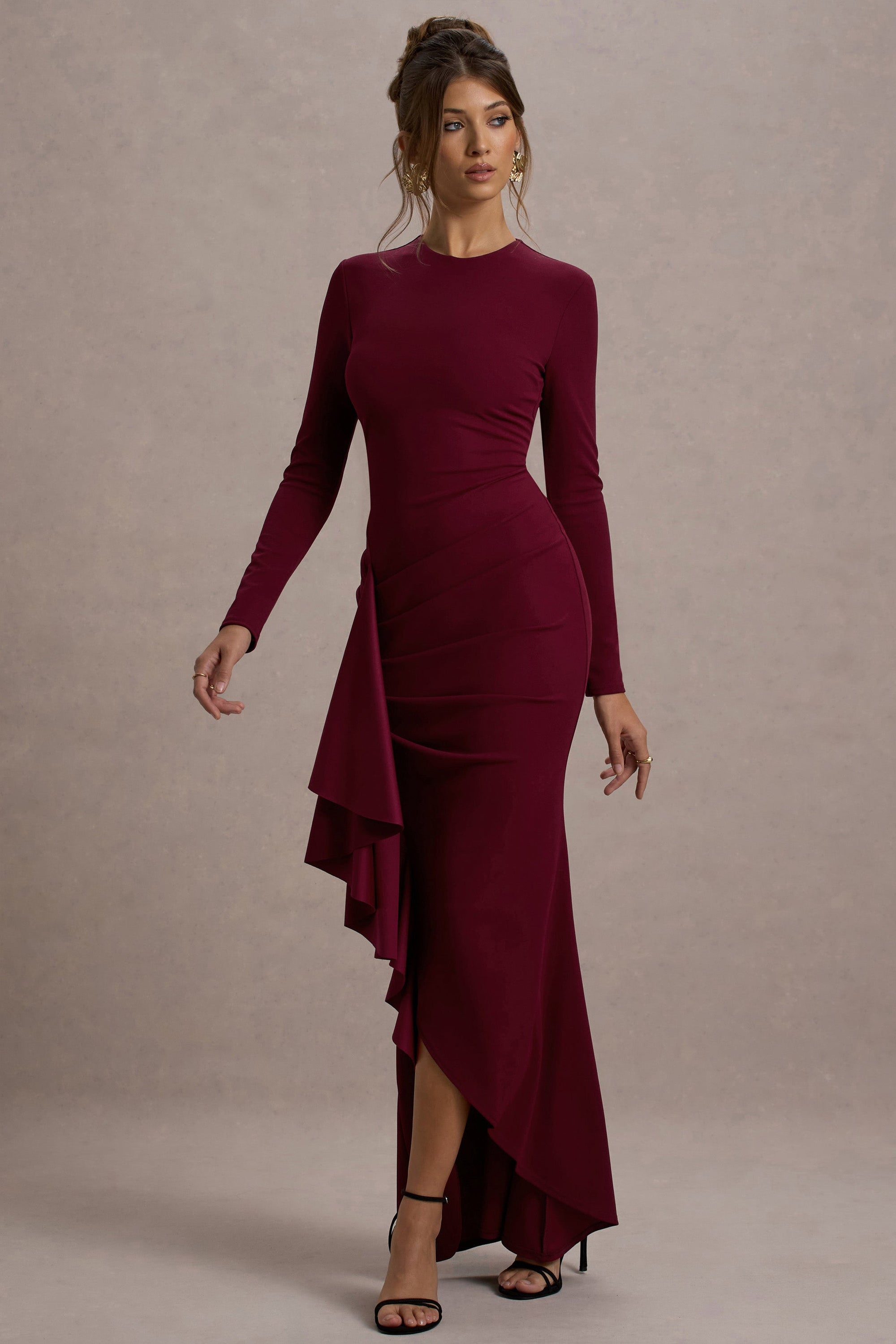 Alayna | Robe Longue à Manches Longues Rouge Cerise avec Fente Volantée